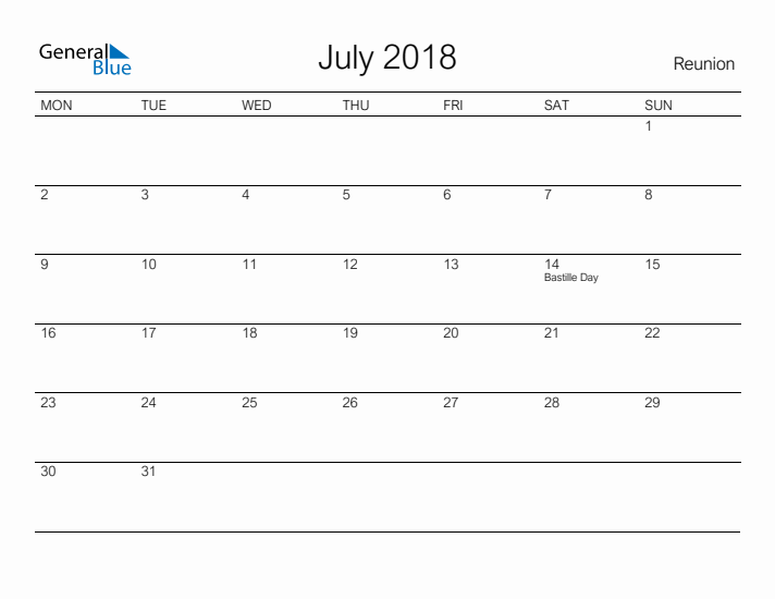 Printable July 2018 Calendar for Reunion