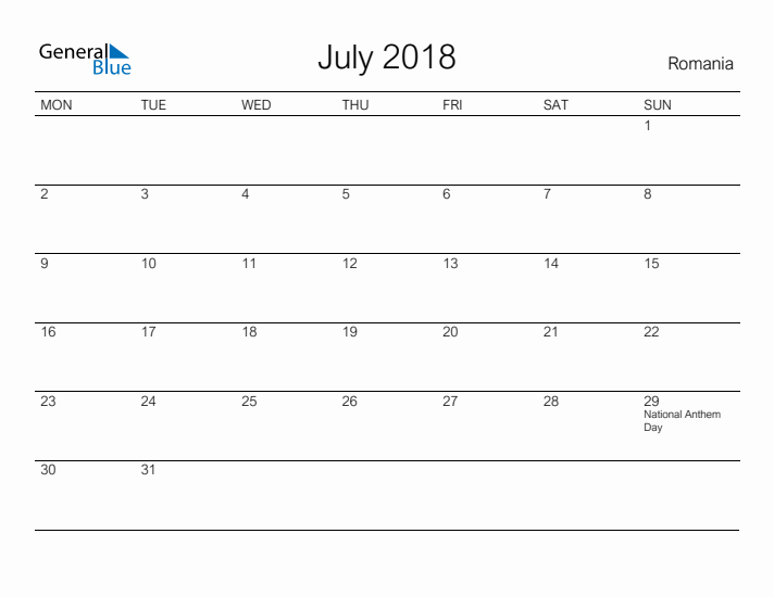 Printable July 2018 Calendar for Romania