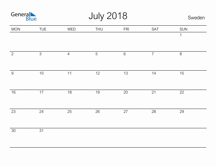 Printable July 2018 Calendar for Sweden