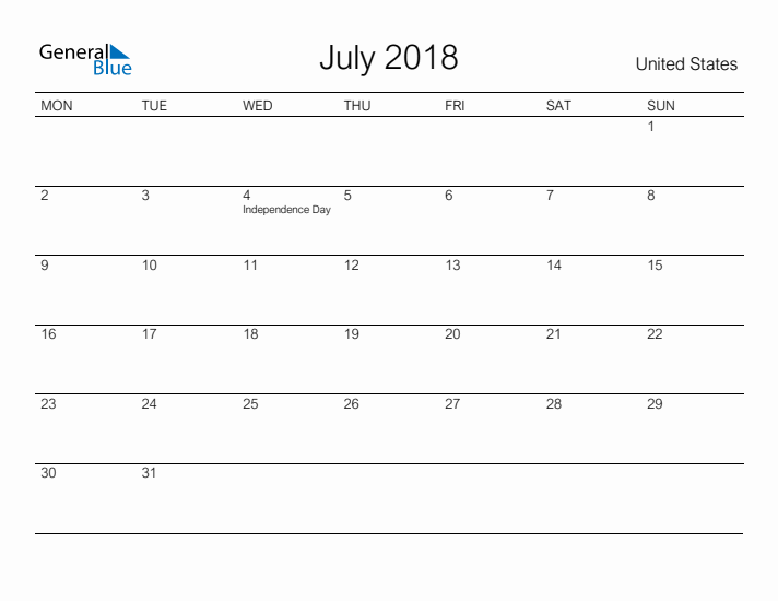 Printable July 2018 Calendar for United States