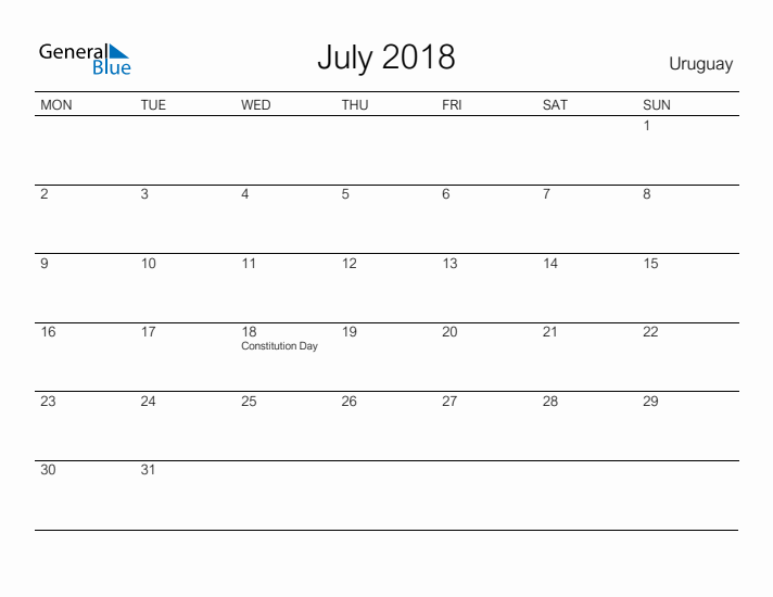 Printable July 2018 Calendar for Uruguay