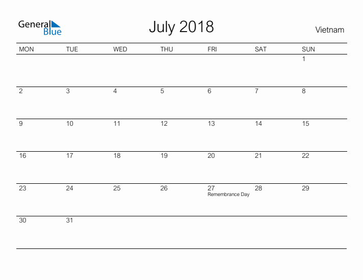 Printable July 2018 Calendar for Vietnam