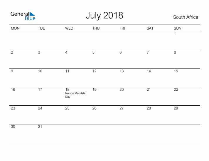 Printable July 2018 Calendar for South Africa