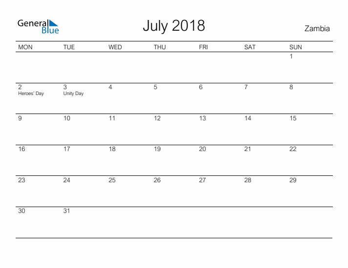 Printable July 2018 Calendar for Zambia