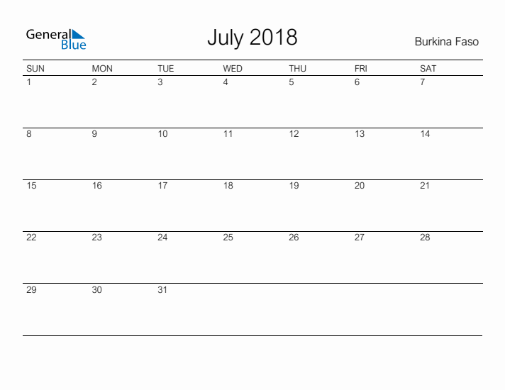 Printable July 2018 Calendar for Burkina Faso