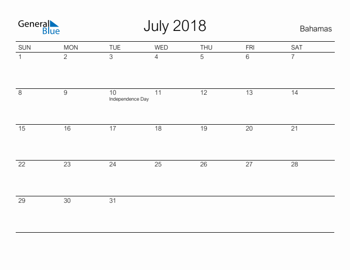 Printable July 2018 Calendar for Bahamas