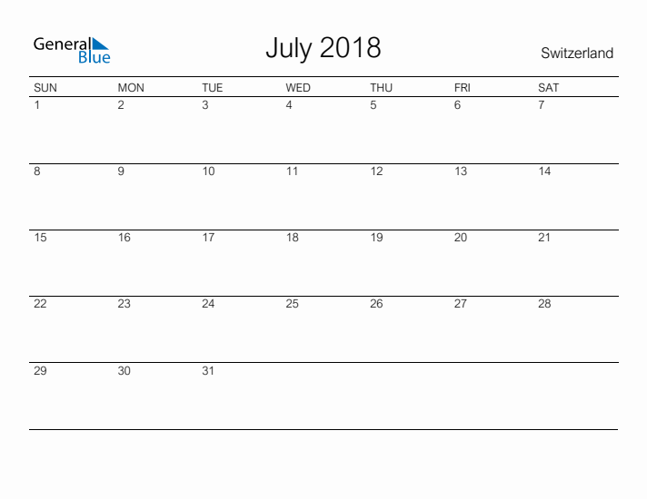 Printable July 2018 Calendar for Switzerland