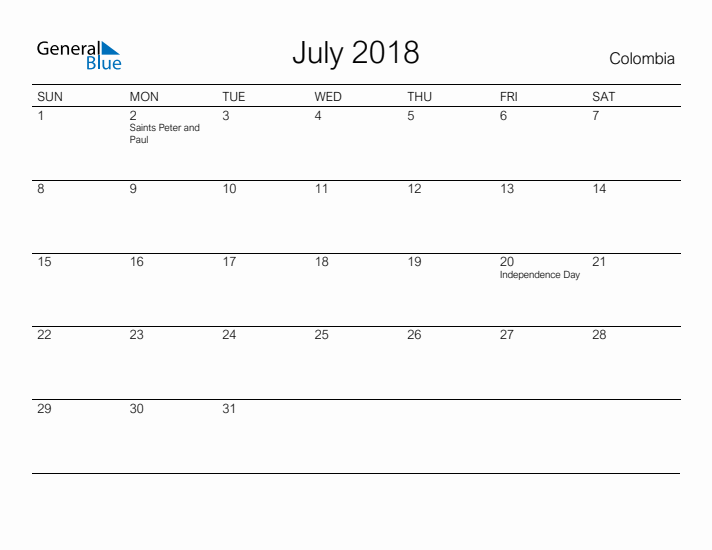 Printable July 2018 Calendar for Colombia