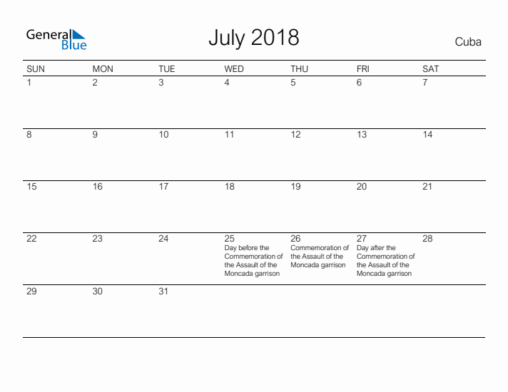 Printable July 2018 Calendar for Cuba