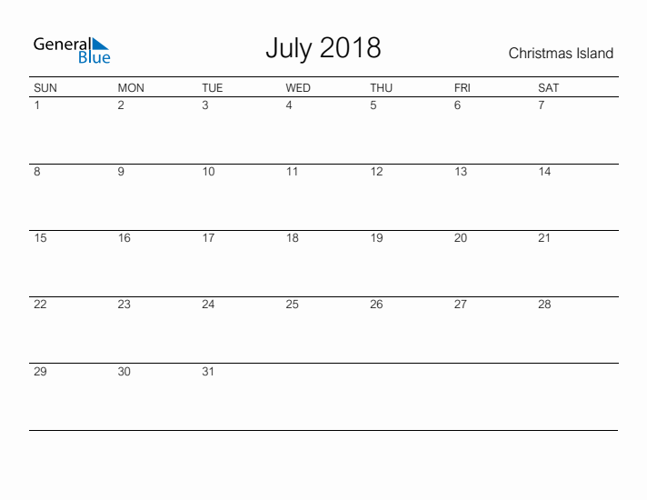 Printable July 2018 Calendar for Christmas Island