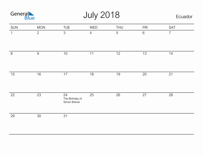 Printable July 2018 Calendar for Ecuador