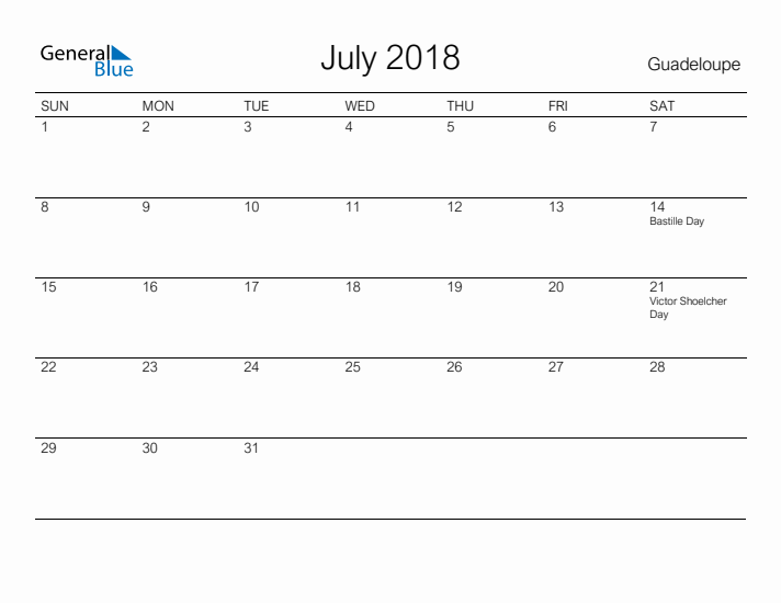 Printable July 2018 Calendar for Guadeloupe