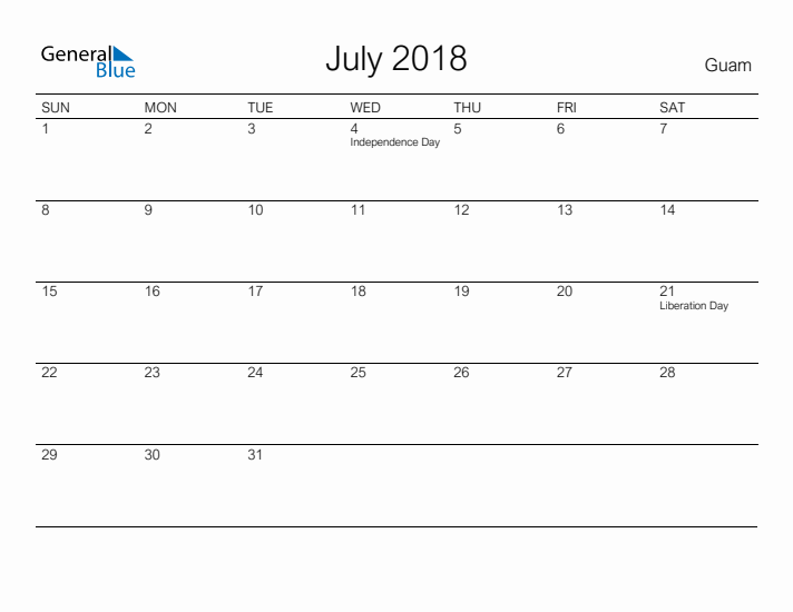 Printable July 2018 Calendar for Guam