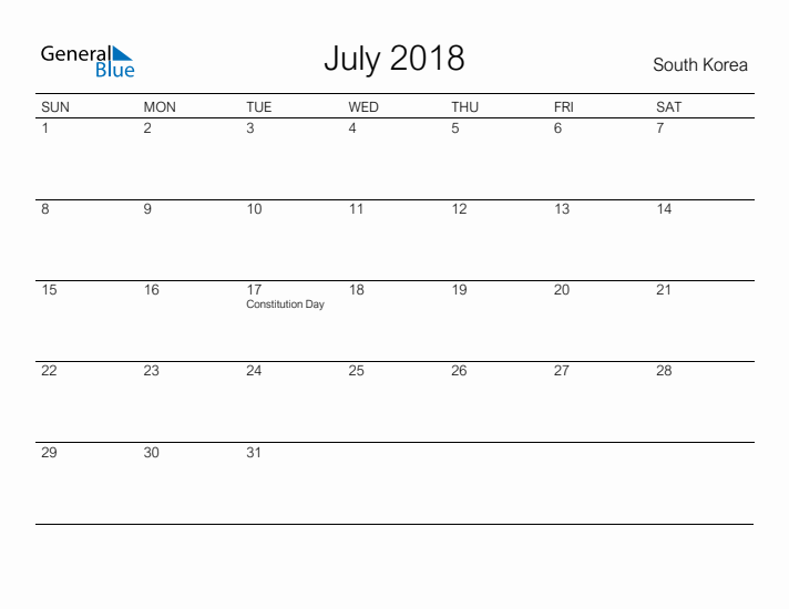 Printable July 2018 Calendar for South Korea