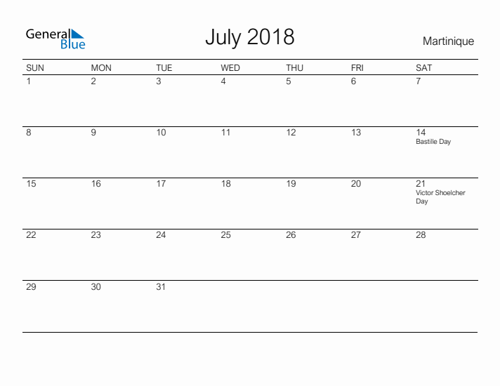 Printable July 2018 Calendar for Martinique