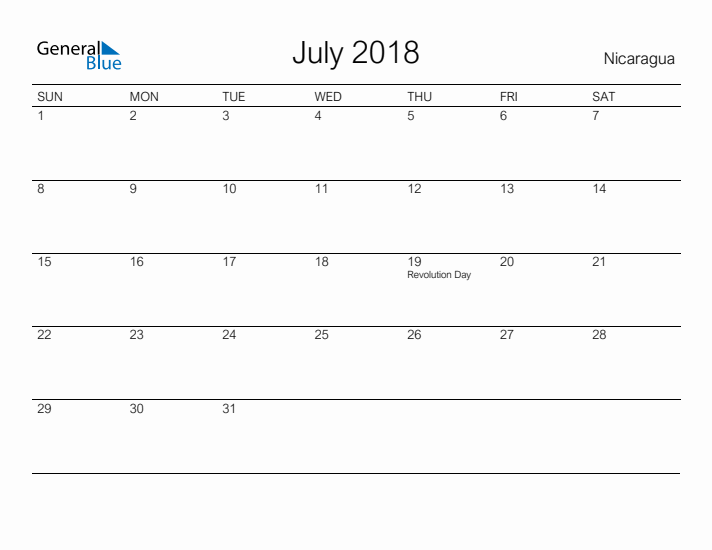 Printable July 2018 Calendar for Nicaragua