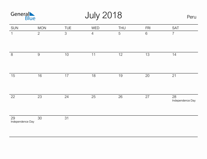 Printable July 2018 Calendar for Peru