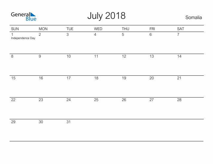 Printable July 2018 Calendar for Somalia