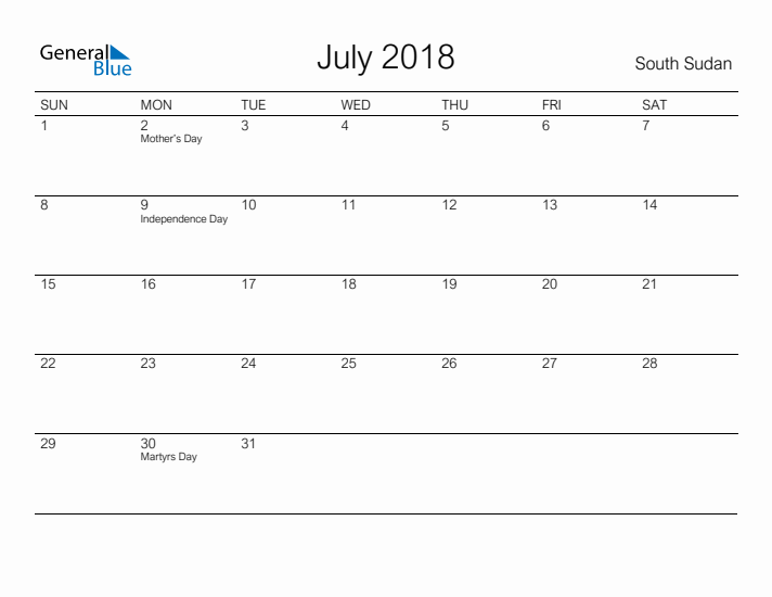 Printable July 2018 Calendar for South Sudan