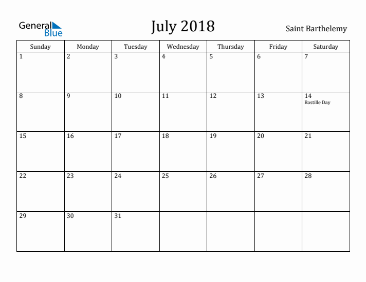 July 2018 Calendar Saint Barthelemy