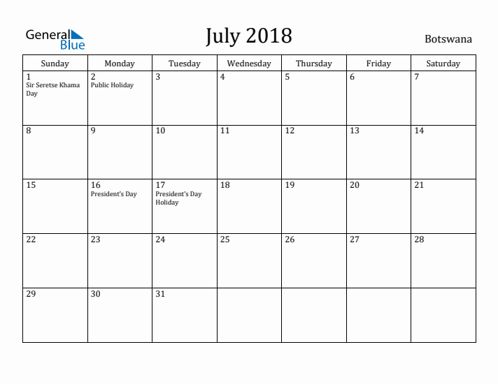 July 2018 Calendar Botswana