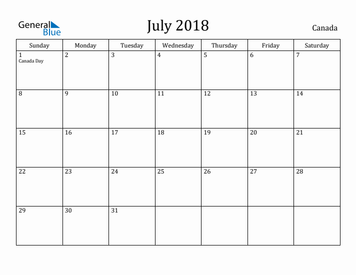 July 2018 Calendar Canada