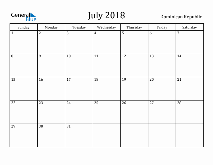 July 2018 Calendar Dominican Republic