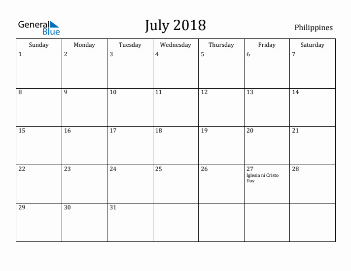 July 2018 Calendar Philippines