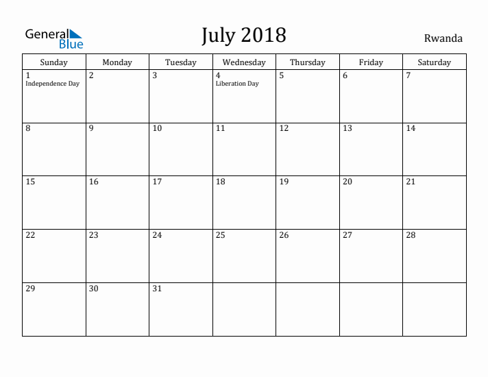 July 2018 Calendar Rwanda