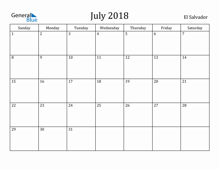 July 2018 Calendar El Salvador