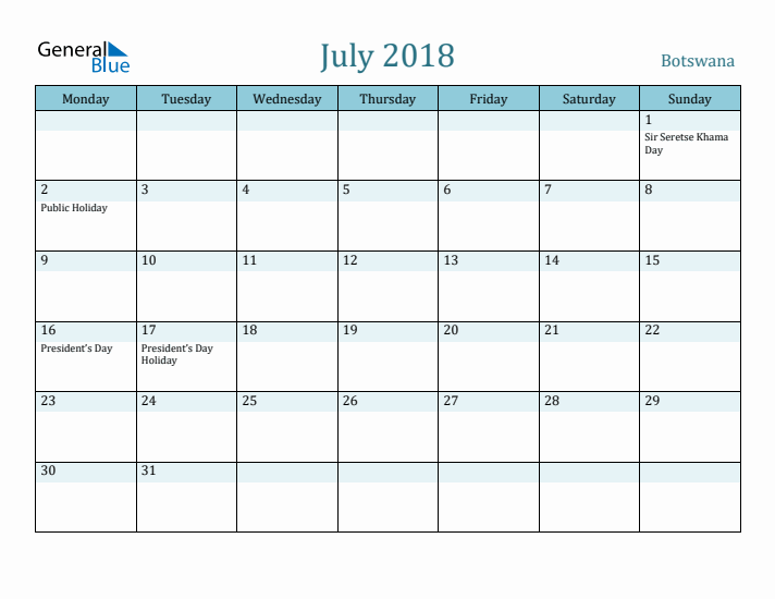 July 2018 Calendar with Holidays