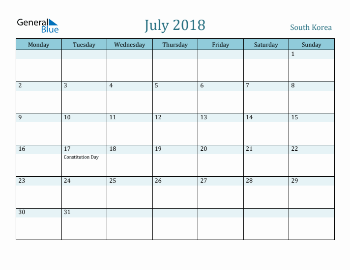 July 2018 Calendar with Holidays