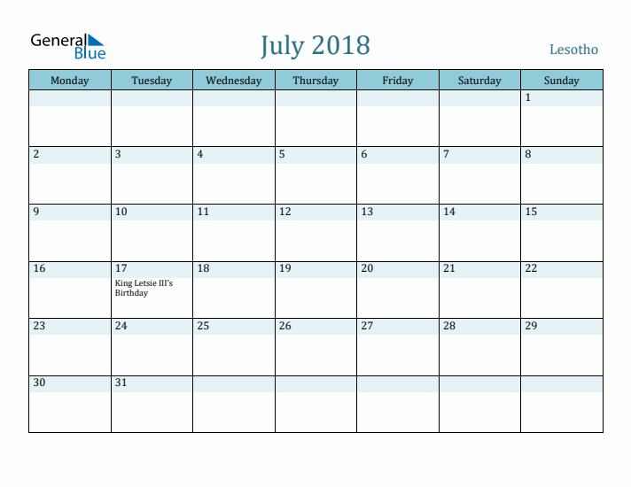 July 2018 Calendar with Holidays