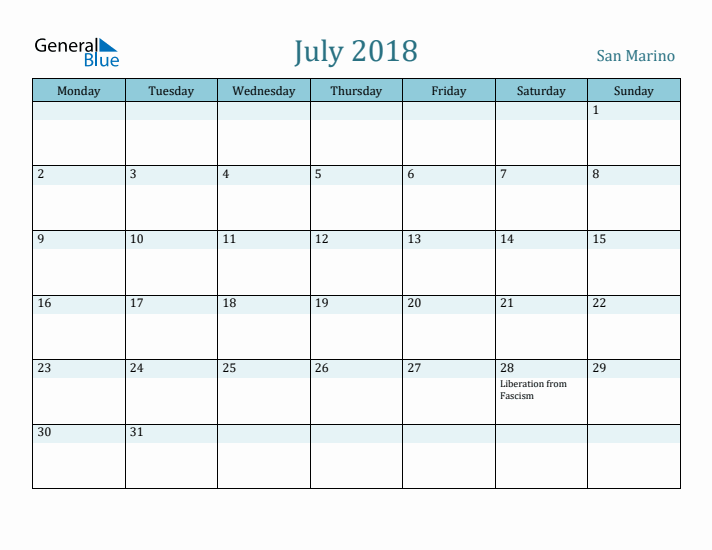 July 2018 Calendar with Holidays