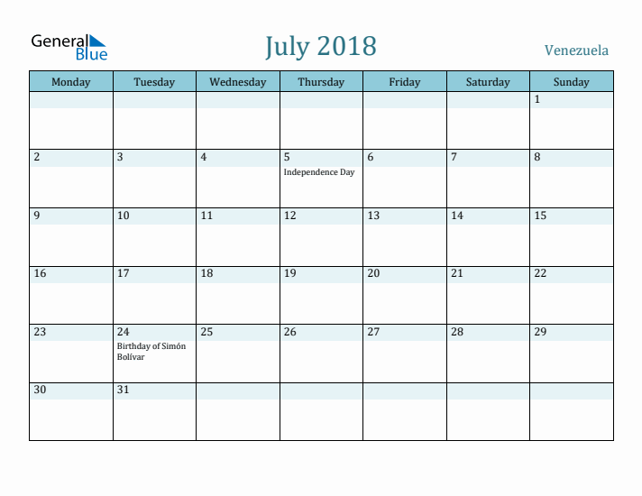 July 2018 Calendar with Holidays