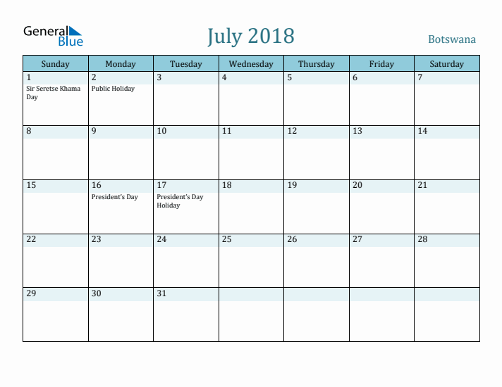 July 2018 Calendar with Holidays