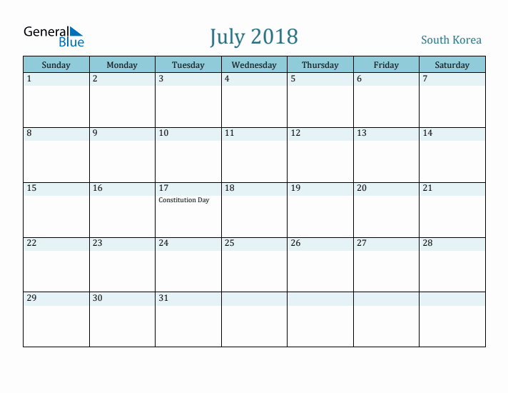 July 2018 Calendar with Holidays