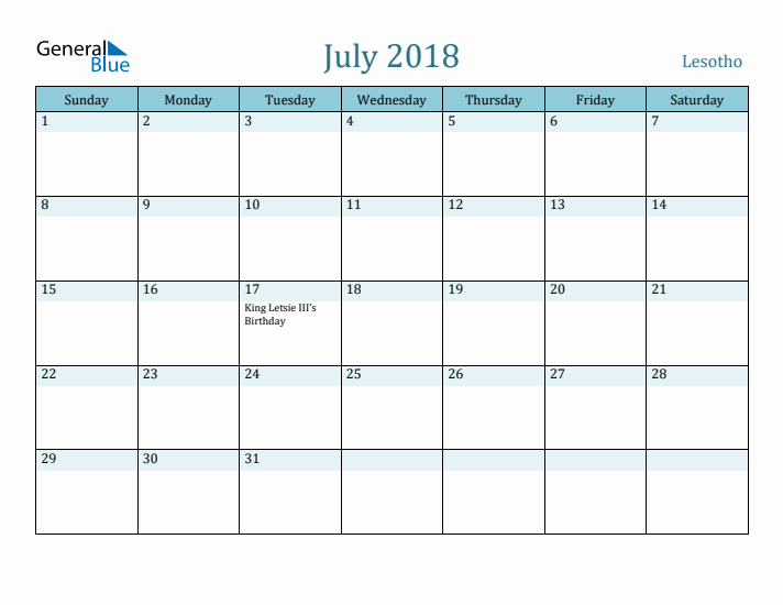 July 2018 Calendar with Holidays