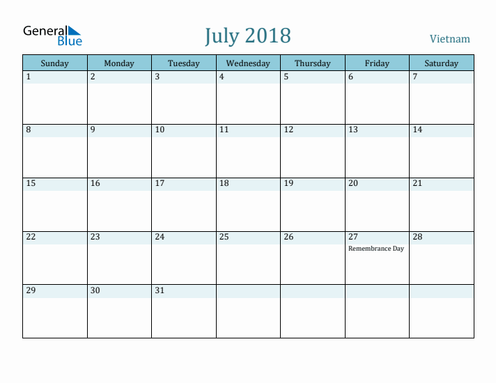 July 2018 Calendar with Holidays