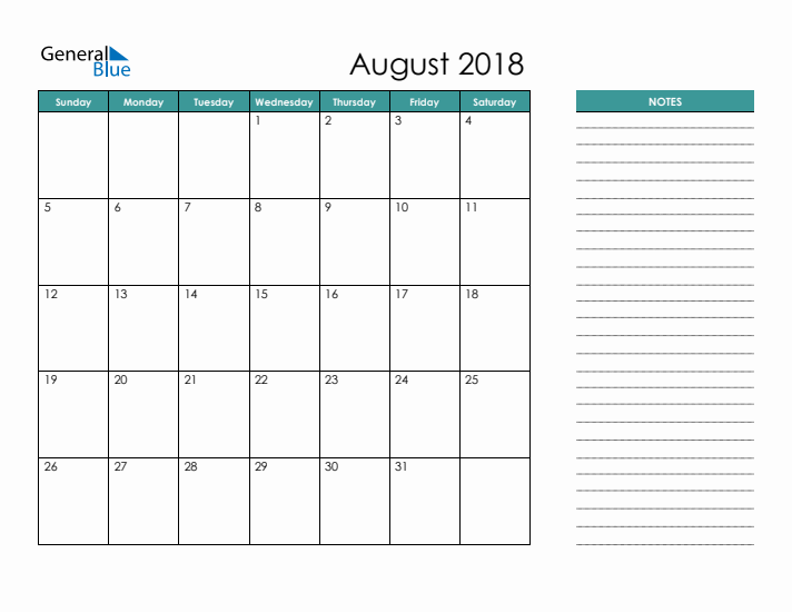 August 2018 Calendar with Notes