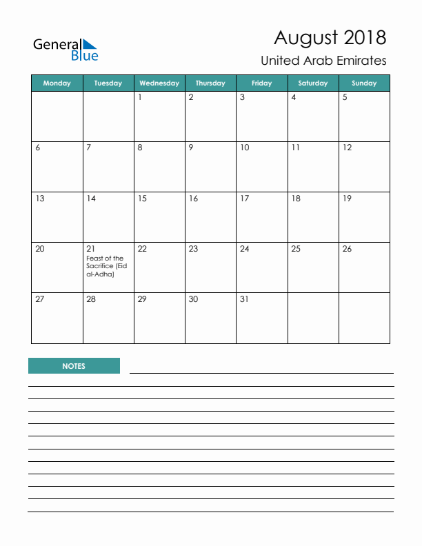 Calendar with Notes Printable - Monday Start