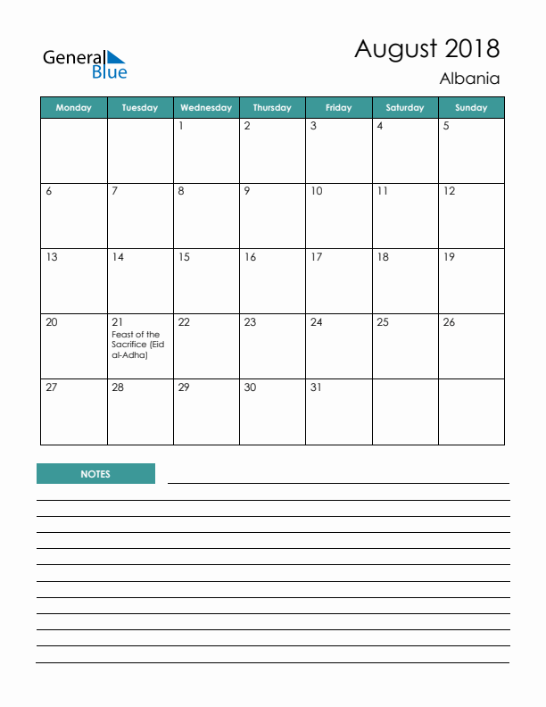 Calendar with Notes Printable - Monday Start