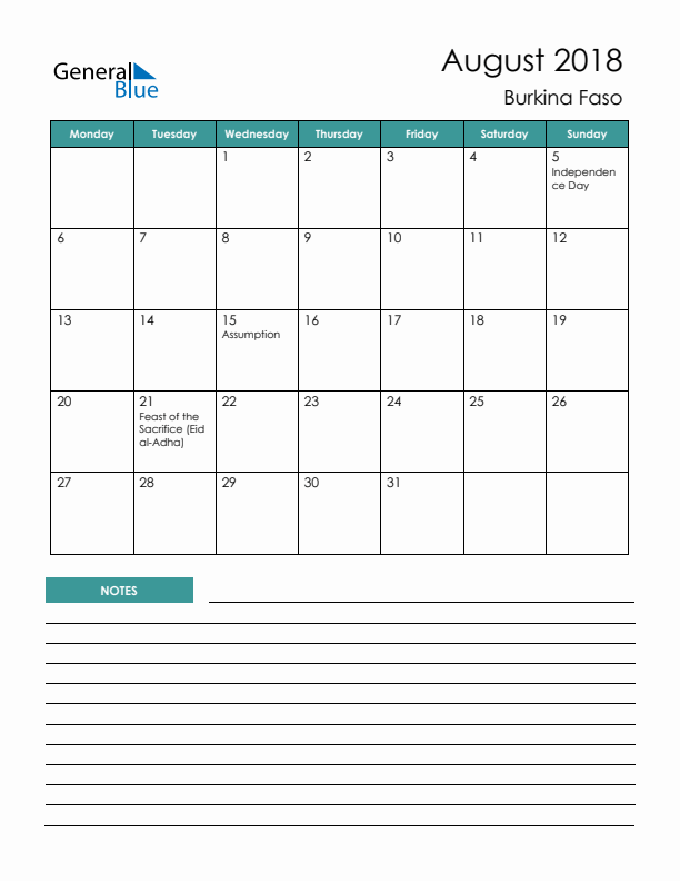 Calendar with Notes Printable - Monday Start