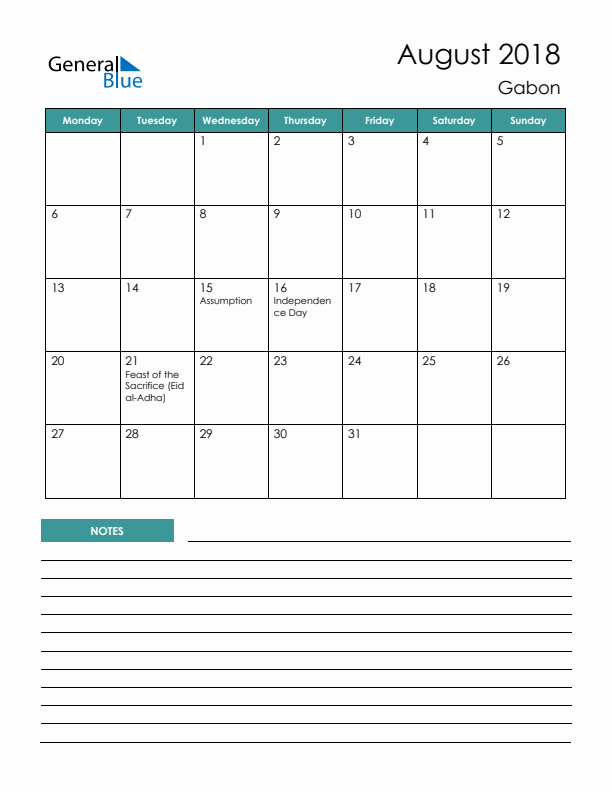 Calendar with Notes Printable - Monday Start