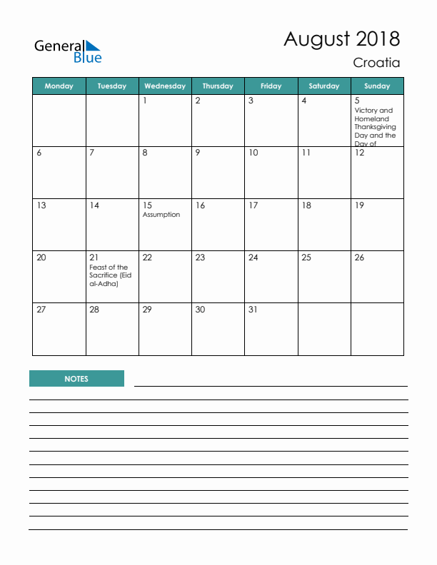 Calendar with Notes Printable - Monday Start