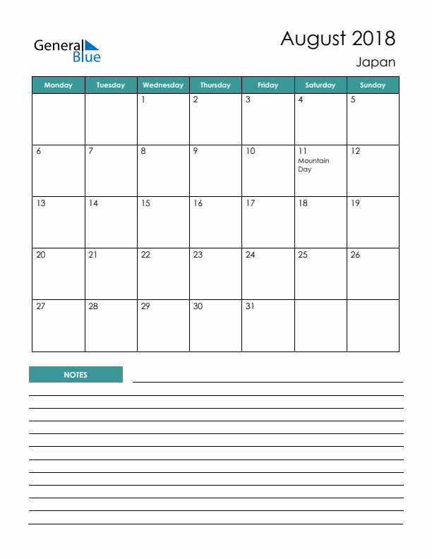 Calendar with Notes Printable - Monday Start