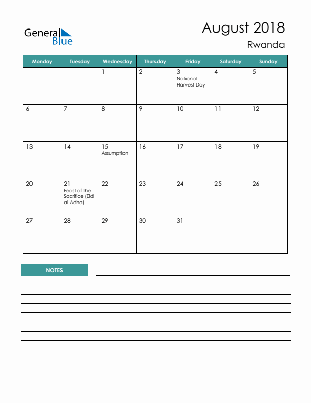 Calendar with Notes Printable - Monday Start