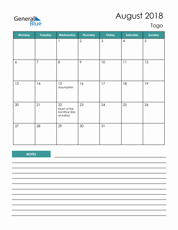 Calendar with Notes Printable - Monday Start