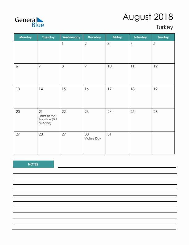 Calendar with Notes Printable - Monday Start