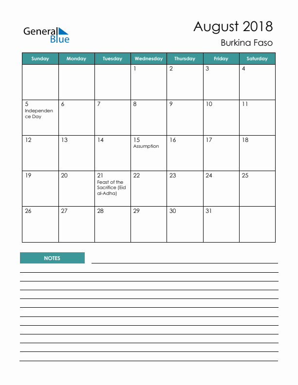 Calendar with Notes Printable - Sunday Start